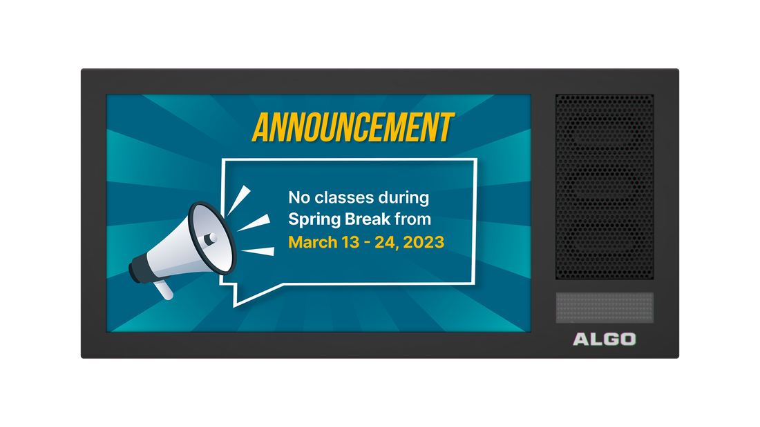 Algo IP display speaker showing a school event announcement