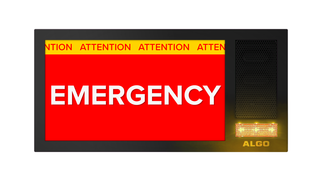Algo IP display speaker showing a red emergency alert