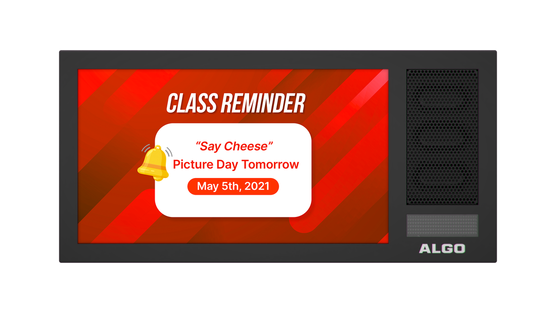 Algo IP display speaker showing a picture day reminder