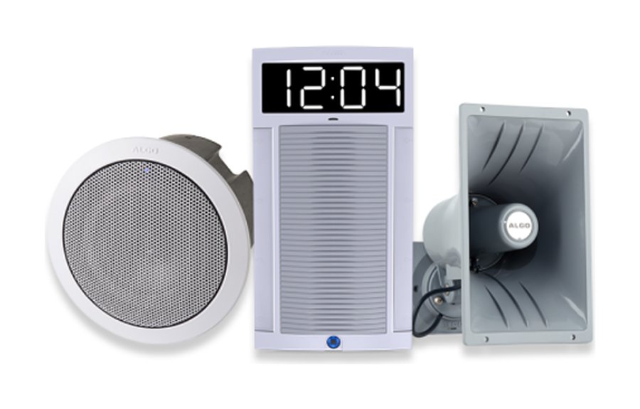 Algo IP ceiling speaker, clock speaker with digital display and IP horn speaker