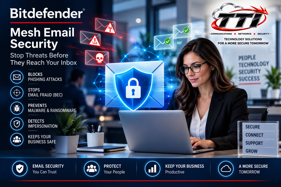 Bitdefender Mesh Email Security from TTI: a laptop user protected from phishing, business email compromise, and ransomware