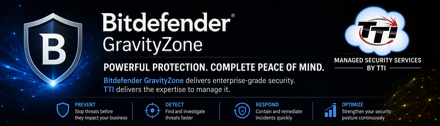Bitdefender GravityZone Managed Security Services banner showcasing advanced cybersecurity protection through Secure XEDR Bronze, Secure Plus MDR Silver, and Secure Extra MXDR Gold solutions managed by TTI.