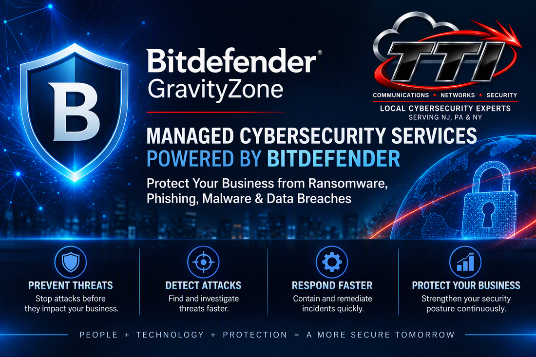 Bitdefender GravityZone Managed Security Services banner showcasing advanced cybersecurity protection through Secure XEDR Bronze, Secure Plus MDR Silver, and Secure Extra MXDR Gold solutions managed by TTI.