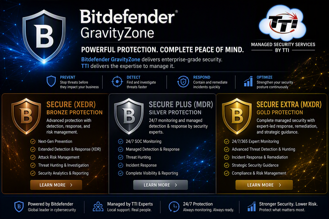 Bitdefender GravityZone managed security service tiers featuring Secure XEDR Bronze, Secure Plus MDR Silver, and Secure Extra MXDR Gold protection options managed by TTI.
