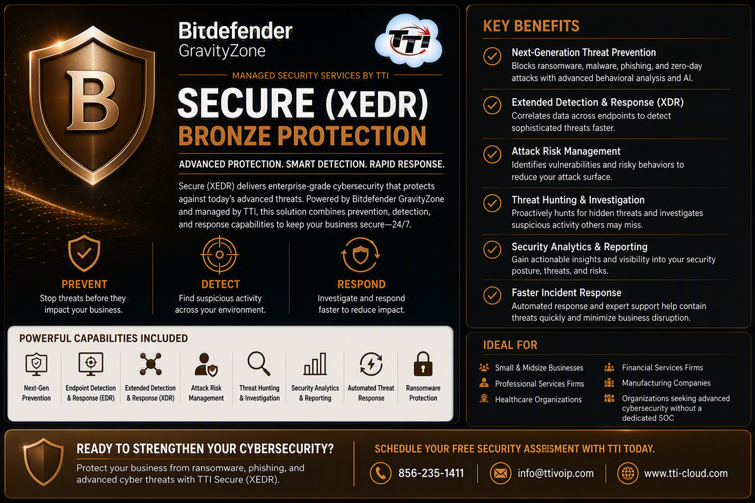 Bitdefender GravityZone managed security service tiers featuring Secure XEDR Bronze, Secure Plus MDR Silver, and Secure Extra MXDR Gold protection options managed by TTI.