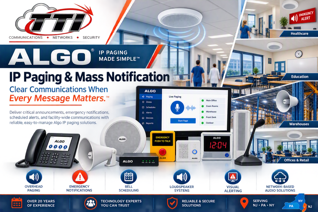 TTI and Algo IP paging systems providing overhead paging, emergency alerting, bell scheduling, visual notifications, and network-based audio solutions for businesses, healthcare facilities, schools, and warehouses.