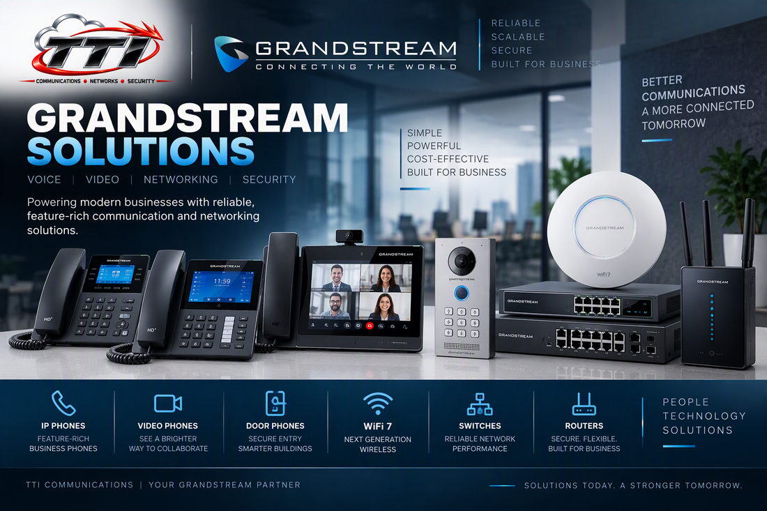 Grandstream solutions from TTI: IP phones, video phones, door phones, Wi-Fi 7 access points, switches, and routers