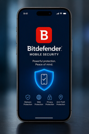 Bitdefender Mobile Security protecting smartphones and tablets from malware, phishing, fraud, and mobile cyber threats