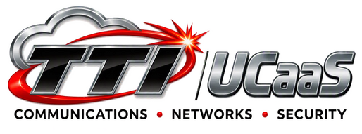 TTI UCaaS logo featuring the TTI cloud logo, metallic UCaaS lettering, and the tagline Communications • Networks • Security.