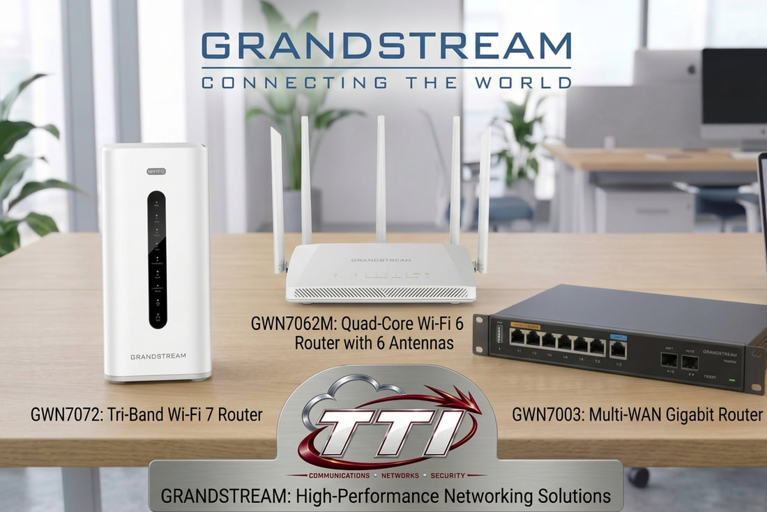 Grandstream GWN7062 Wi-Fi 6 router and GWN7003 multi-WAN Gigabit router on an office desk
