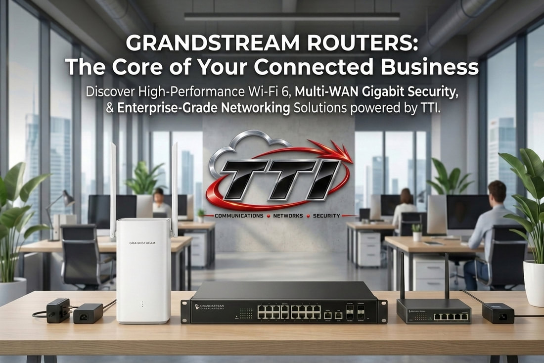 Grandstream routers banner with a white Wi-Fi router and black multi-WAN router on an office desk, with the TTI logo