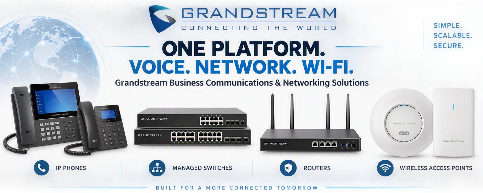Grandstream IP phones, managed switches, router and Wi-Fi access points under the slogan One Platform: Voice, Network, Wi-Fi