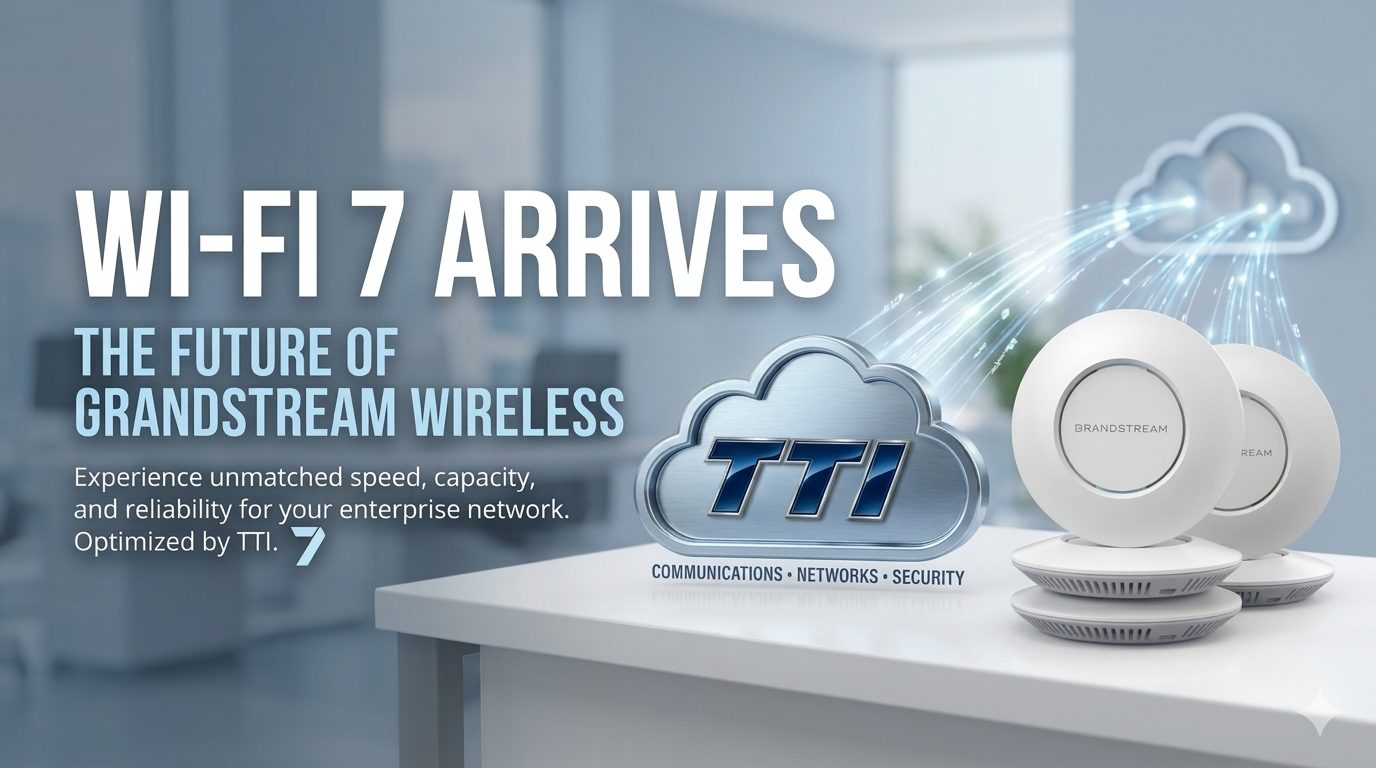 TTI banner announcing Wi-Fi 7 with Grandstream ceiling access points and the TTI cloud logo in a modern office