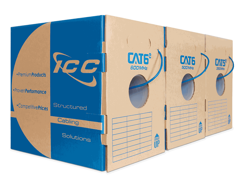 ICC Cat6e 600MHz, Cat6 500MHz and Cat5e 350MHz bulk network cable boxes used by TTI for structured cabling
