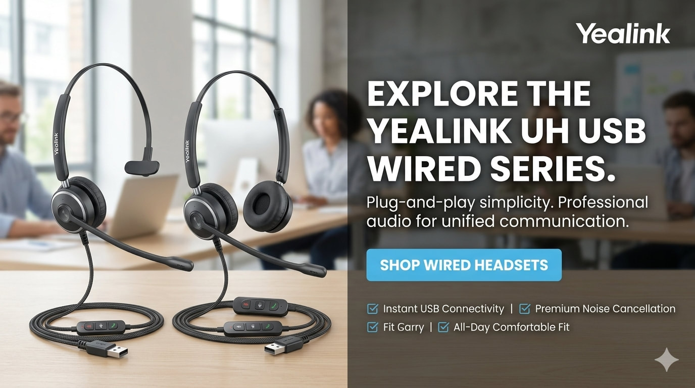 Yealink UH USB Wired Series headsets with USB connectivity, noise cancellation, and all-day comfort fit