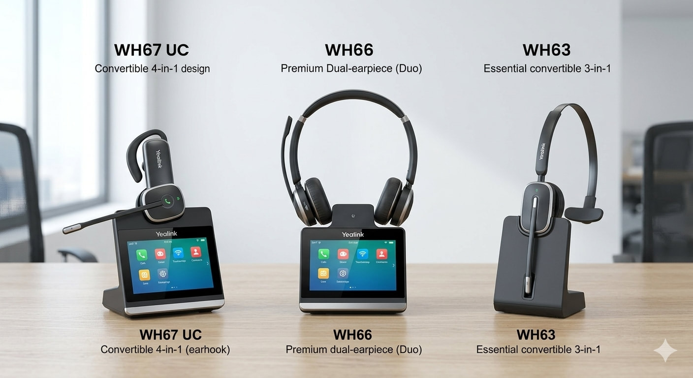 Yealink wireless headset lineup comparing the WH67 UC touchscreen workstation, WH66 duo, and WH63 essential models.
