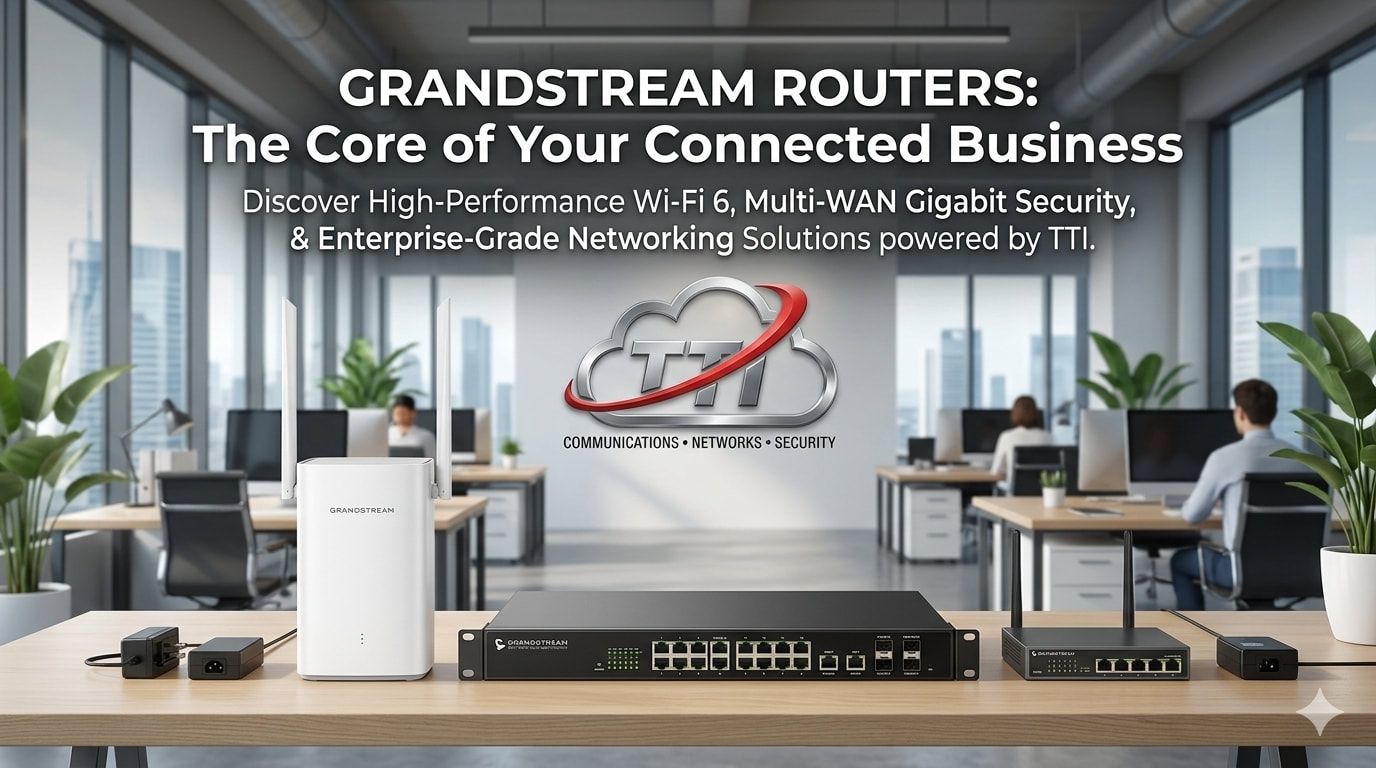 Grandstream routers hero banner showcasing the white GWN7062 Wi-Fi 6 tower and black GWN7003 multi-WAN rackmount chassis for business networks.