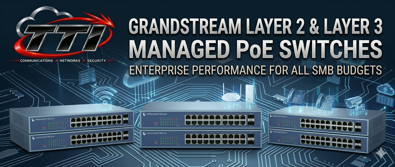Grandstream network switches hero banner showcasing multi-port enterprise Layer 2 and Layer 3 managed hardware with the TTI logo