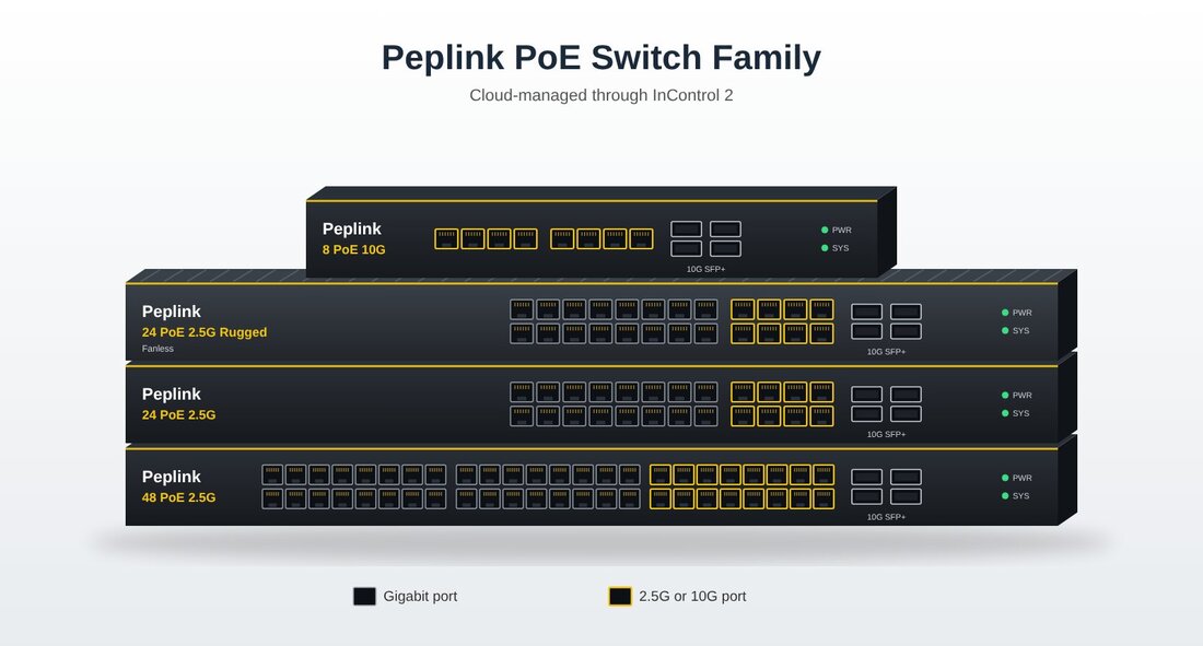 Illustration of the Peplink PoE switch family: 8 PoE 10G, 24 PoE 2.5G, 24 PoE 2.5G Rugged, and 48 PoE 2.5G models