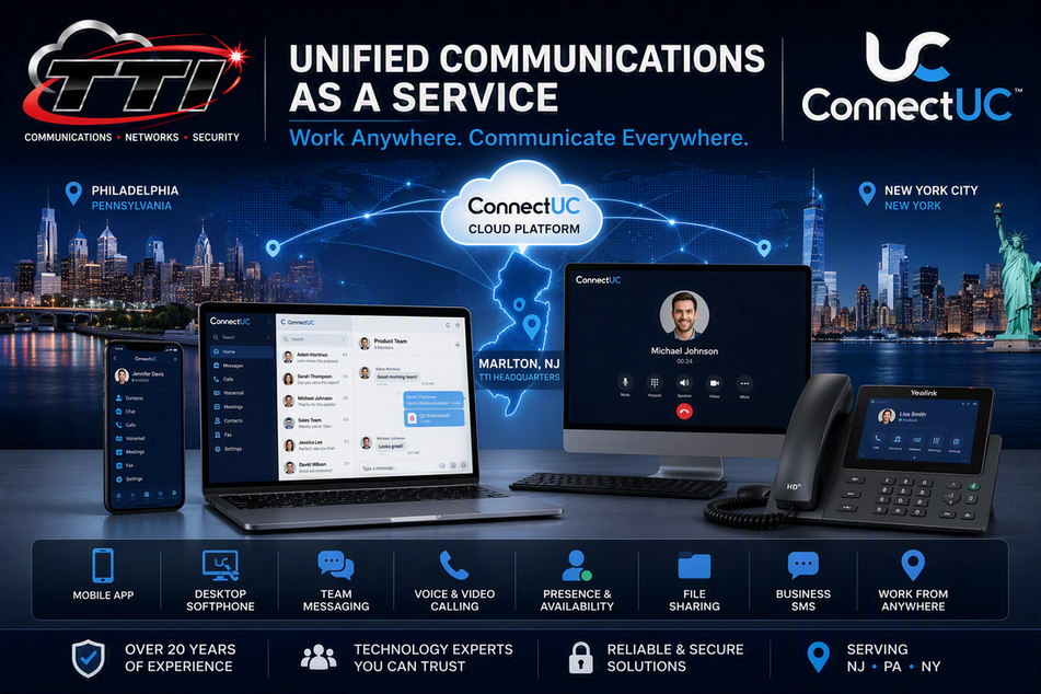CTTI ConnectUC unified communications platform featuring mobile apps, desktop softphones, voice and video calling, team messaging, file sharing, business SMS, presence status, and cloud collaboration for businesses throughout New Jersey, Pennsylvania, and New York.