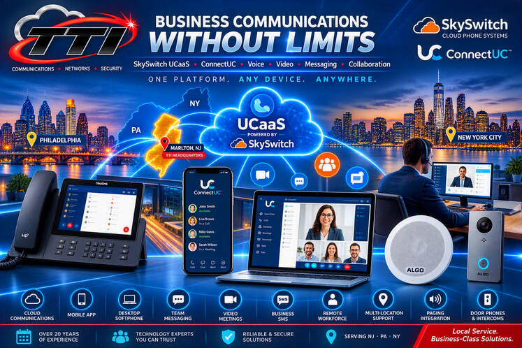 TTI SkySwitch UCaaS communications platform featuring ConnectUC mobile and desktop applications, cloud communications, voice and video calling, team messaging, business SMS, remote workforce connectivity, Algo paging integration, IP door phones, and multi-location business communications throughout New Jersey, Pennsylvania, and New York.