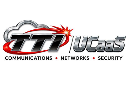 TTI UCaaS logo featuring the TTI cloud logo, metallic UCaaS lettering, and the tagline Communications • Networks • Security.