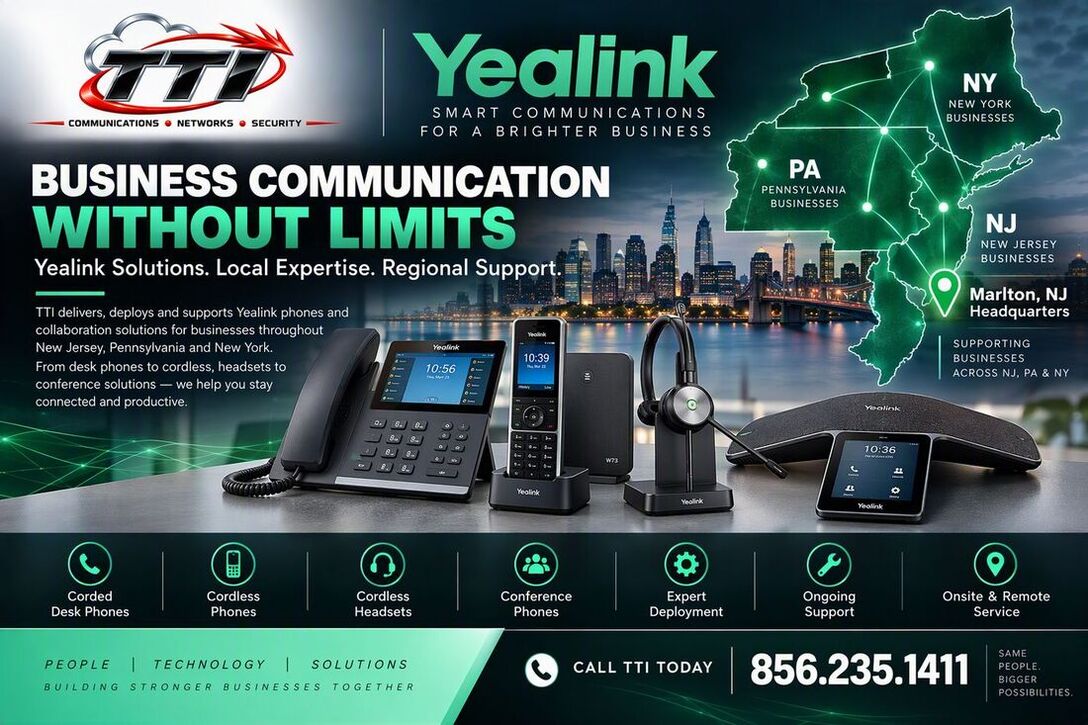 Yealink desk phones, cordless phones, headsets, and conference phones supported by TTI across NJ, PA and NY