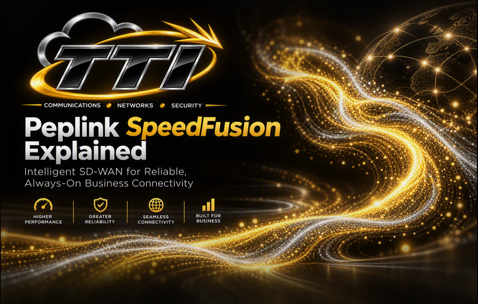 TTI Communications Peplink SpeedFusion hero banner with gold and silver network connectivity waves