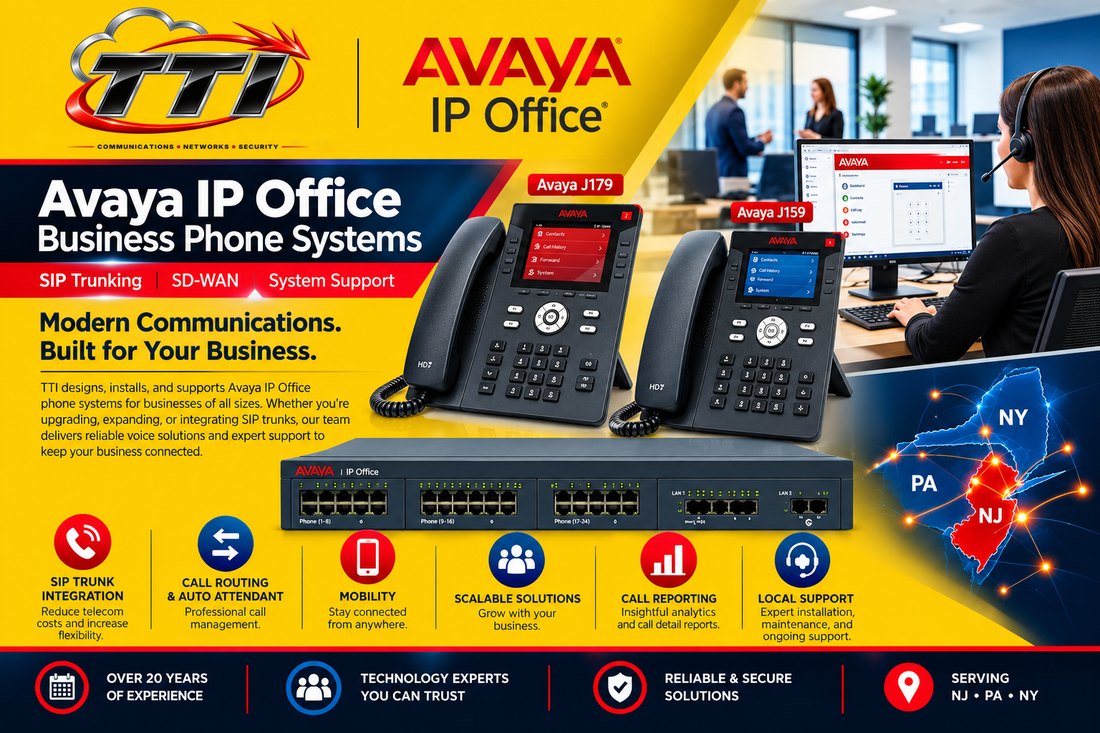 Avaya IP Office flyer showing J179 and J159 IP phones with SIP trunk and SD-WAN support from TTI in NJ, NY, and PA