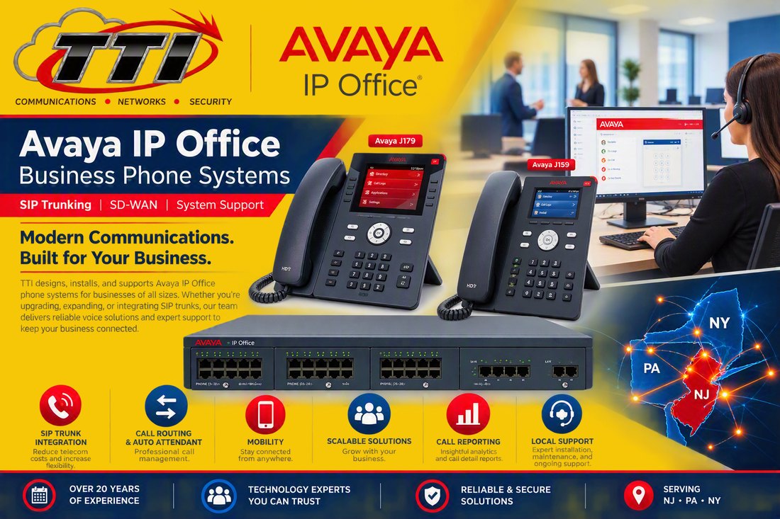 Avaya IP Office flyer showing J179 and J159 IP phones with SIP trunk and SD-WAN support from TTI in NJ, NY, and PA