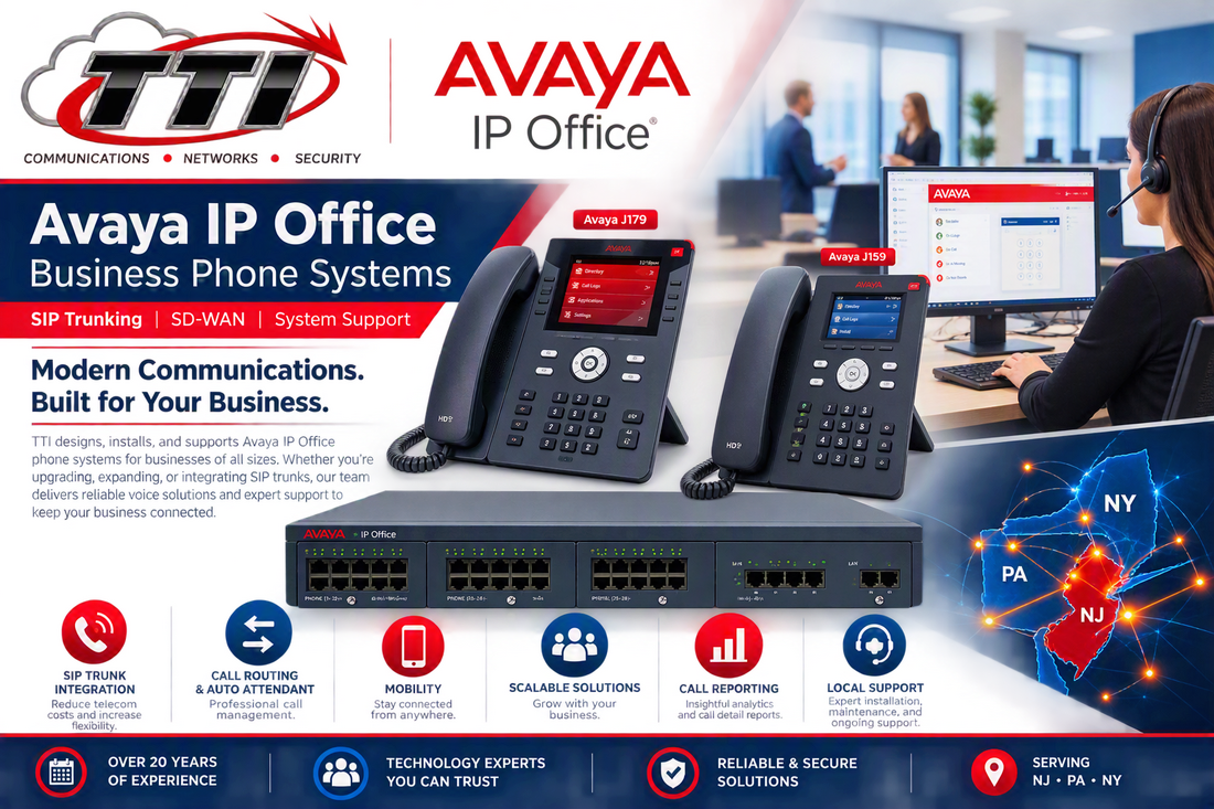 Avaya IP Office business phone systems featuring SIP trunk integration, SD-WAN connectivity, Avaya J179 and J159 IP phones, system support, and business communications solutions provided by TTI throughout New Jersey, Pennsylvania, and New York.