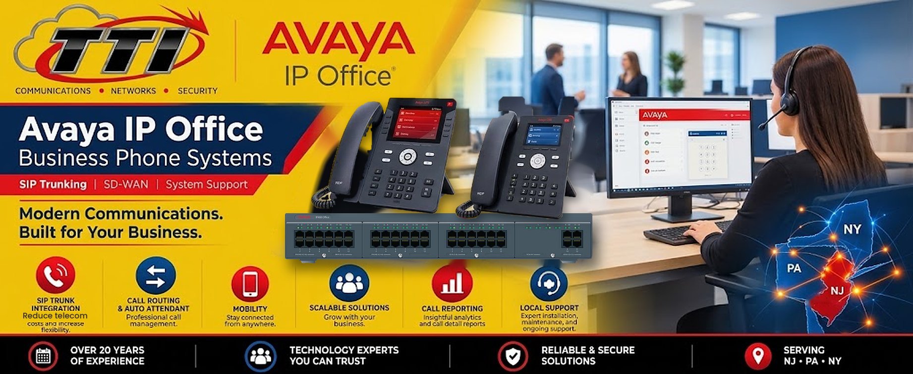 Avaya IP Office phone system with desk phones and control unit on an office desk