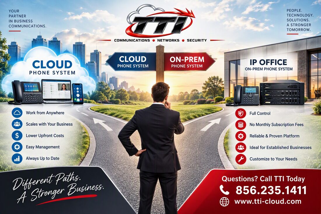 TTTI banner of a businessman in a suit at a crossroads choosing between a cloud phone system and an IP Office on-prem system