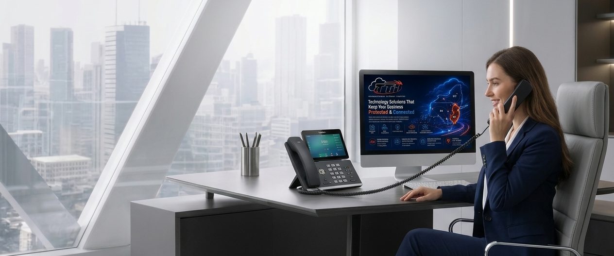 Woman on a Yealink desk phone in a modern office