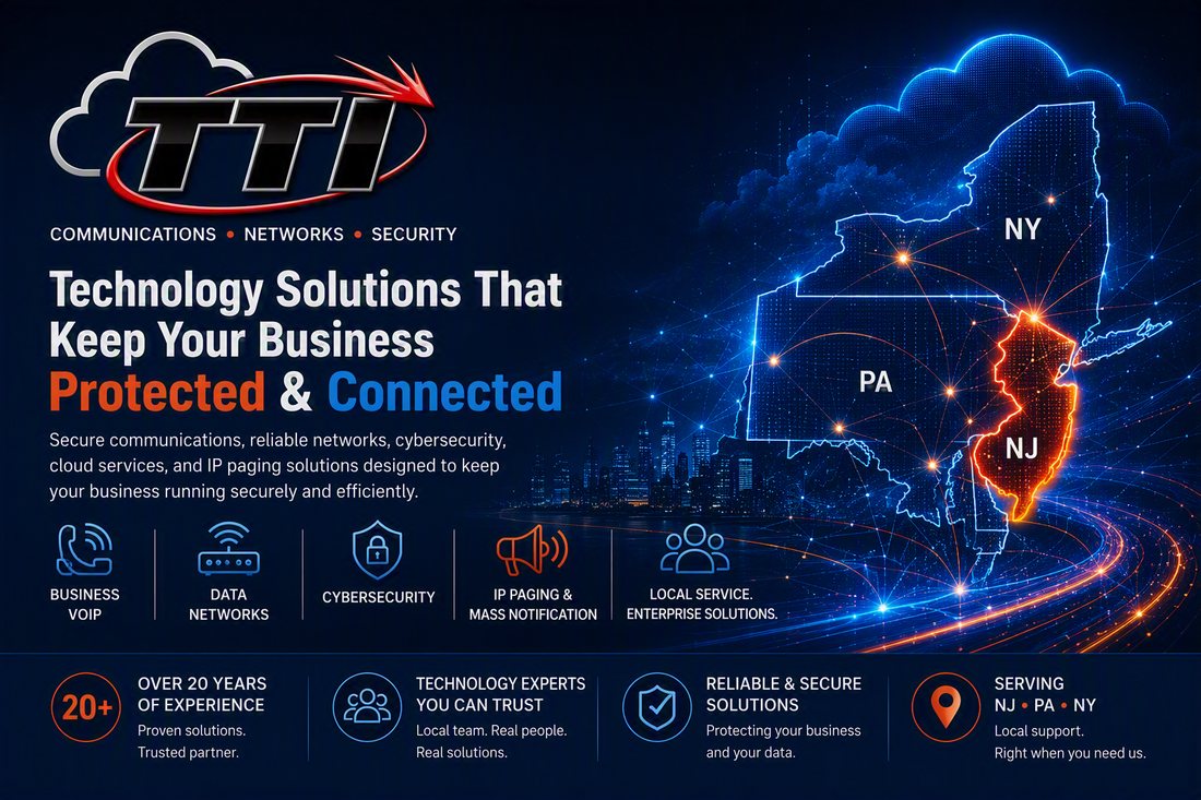 TTI banner for business phone systems, networking, and cybersecurity services for businesses in NJ, PA, and NY