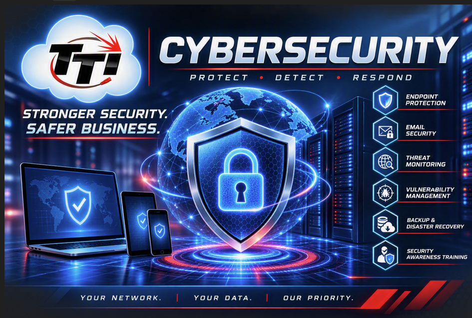 TTI Cybersecurity Services with endpoint protection, threat monitoring, email security, and backup disaster recovery solutions.
