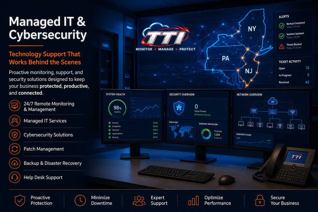 Managed IT services from TTI: proactive monitoring, help desk support, patching, cybersecurity, and backup and recovery