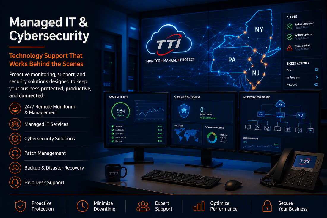 Managed IT and cybersecurity services featuring proactive network monitoring, endpoint protection, cloud management, and business technology support throughout New Jersey, Pennsylvania, and New York.
