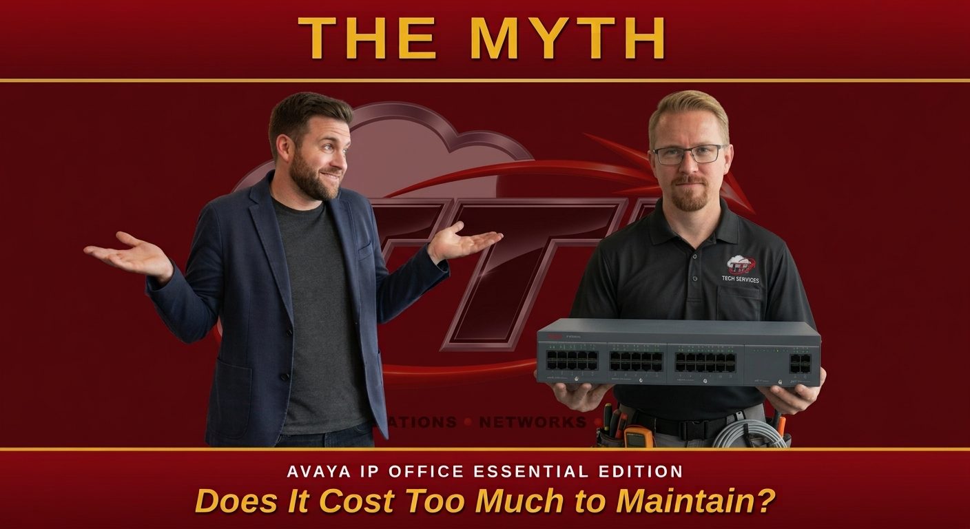 A business owner and a TTI technician holding an Avaya IP Office 500 question whether Essential Edition costs too much to maintain
