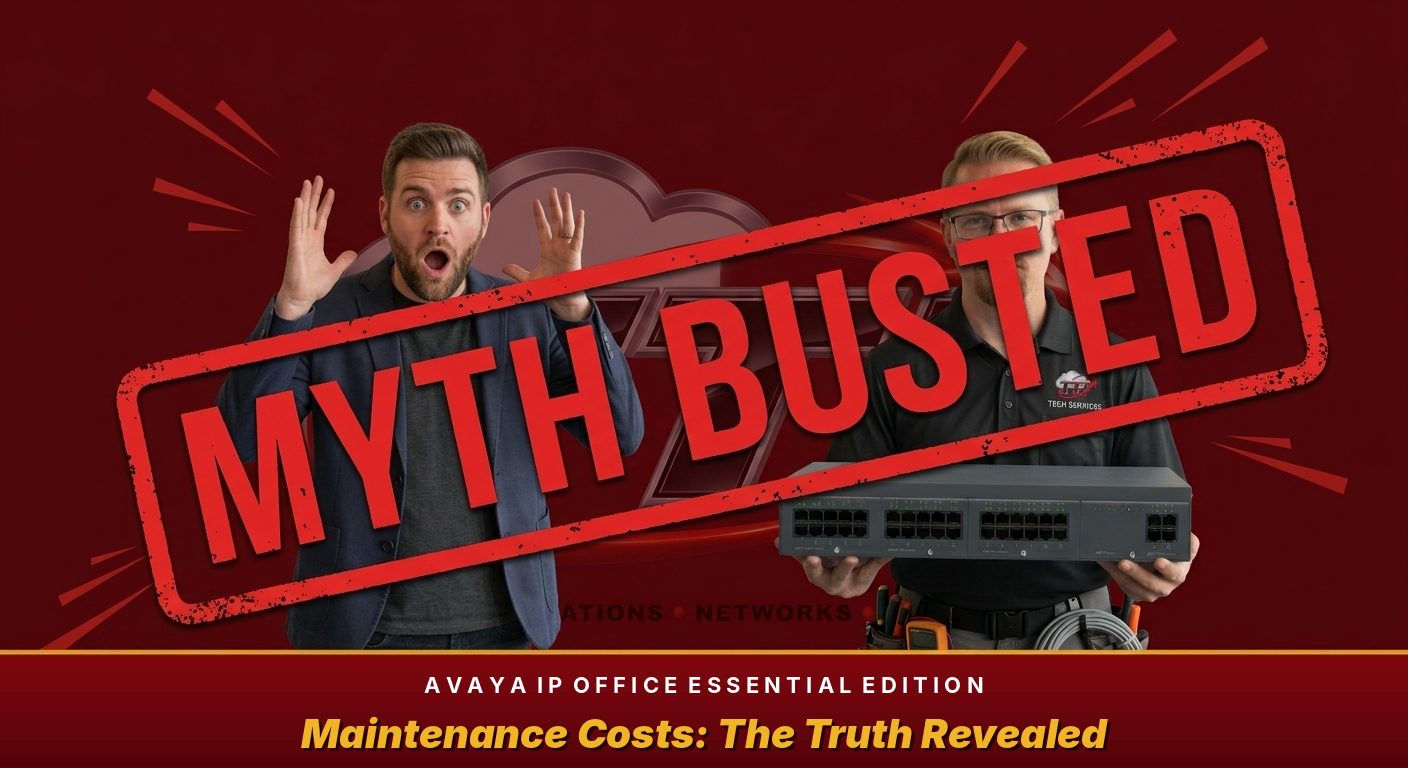 Myth Busted stamp over a TTI technician holding an Avaya IP Office 500