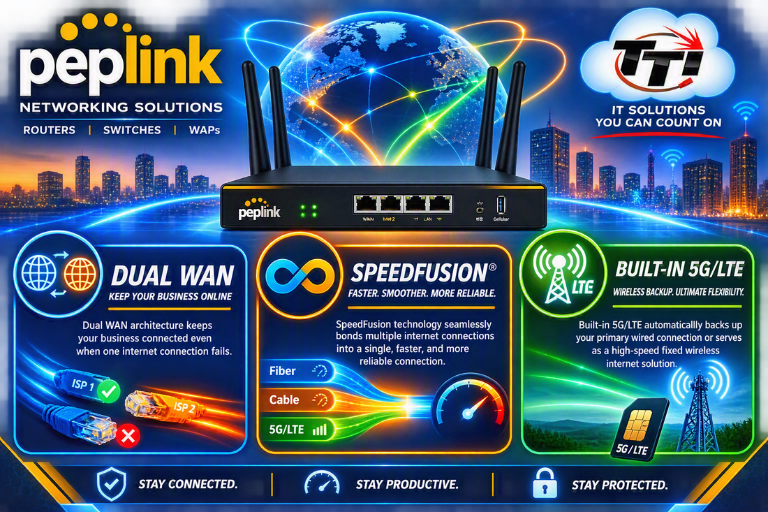 Peplink business networking solution with Dual WAN failover, SpeedFusion connection bonding, and built-in 5G/LTE backup for reliable business connectivity.