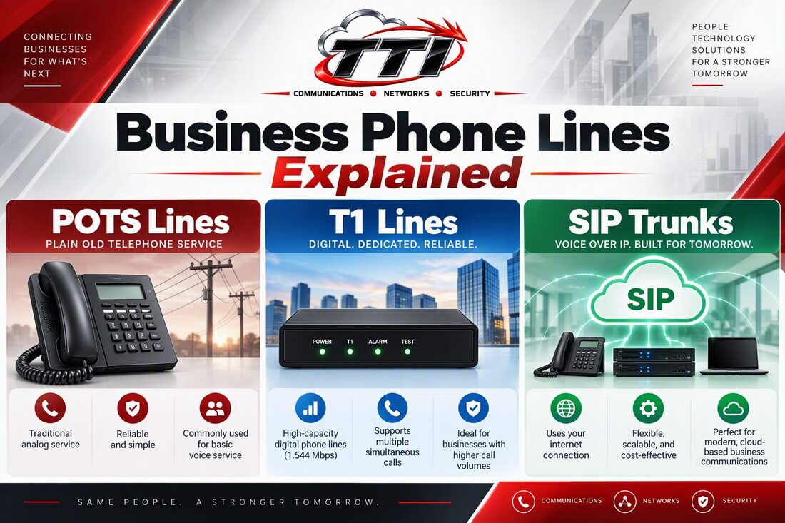 TTI banner explaining business phone lines: POTS lines, T1 lines, and SIP trunks, with a phone, T1 unit, and cloud icons