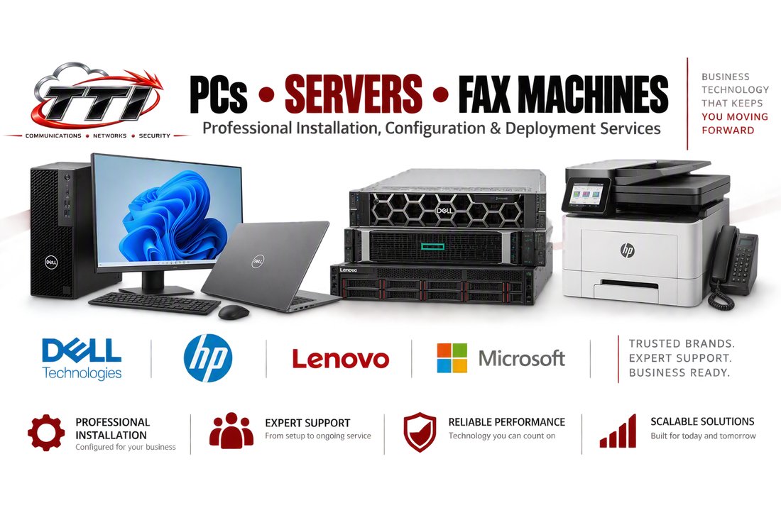 Dell, HP and Lenovo computers, servers and an HP printer with fax, shown with Dell, HP, Lenovo and Microsoft logos