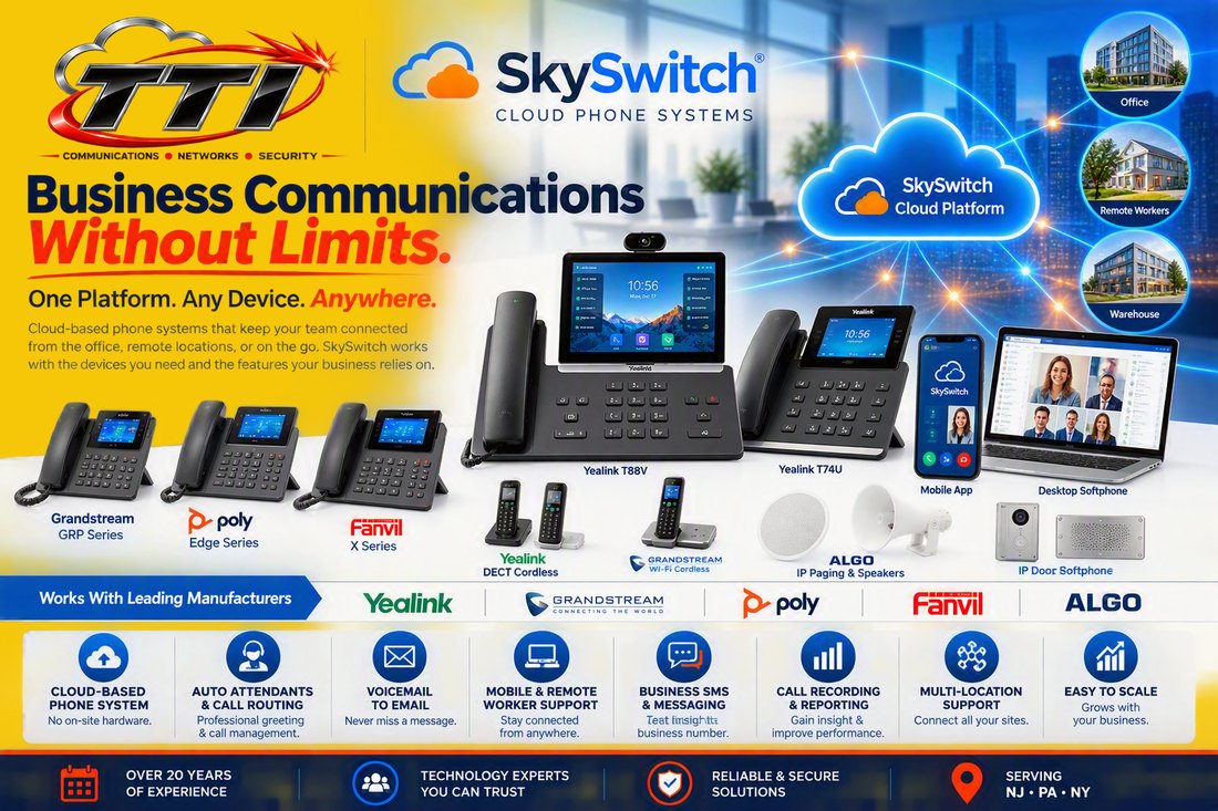SkySwitch cloud phone system from TTI: ConnectUC mobile and desktop apps, desk phones, paging, and door phones