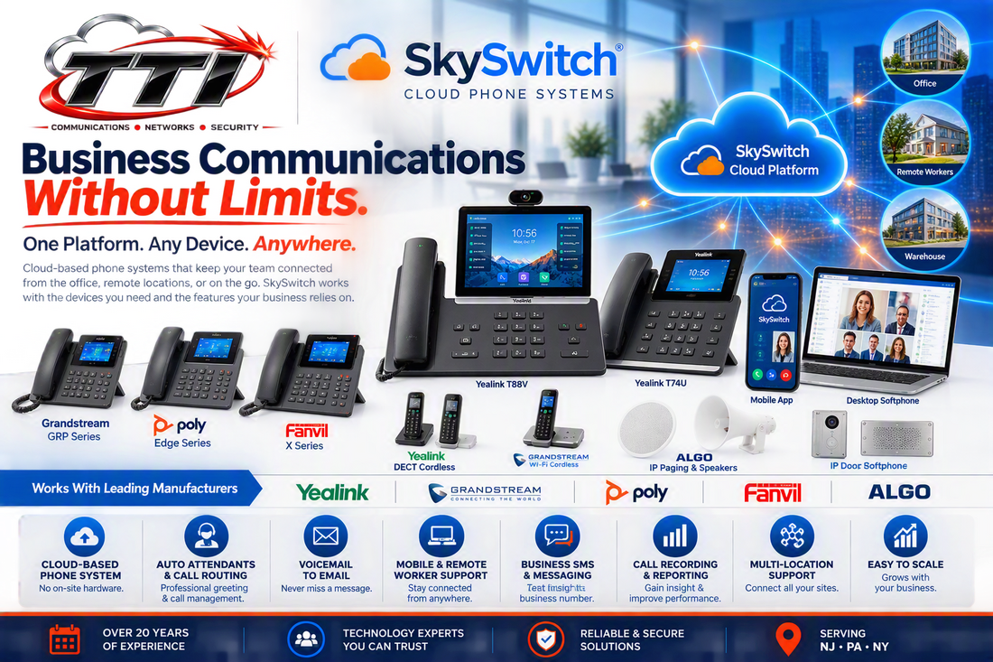 SkySwitch cloud phone system supporting Yealink, Grandstream, Poly and Fanvil phones with mobile applications, desktop softphones, DECT cordless phones, Wi‑Fi cordless devices, Algo paging, IP door phones and multi-location business communications.