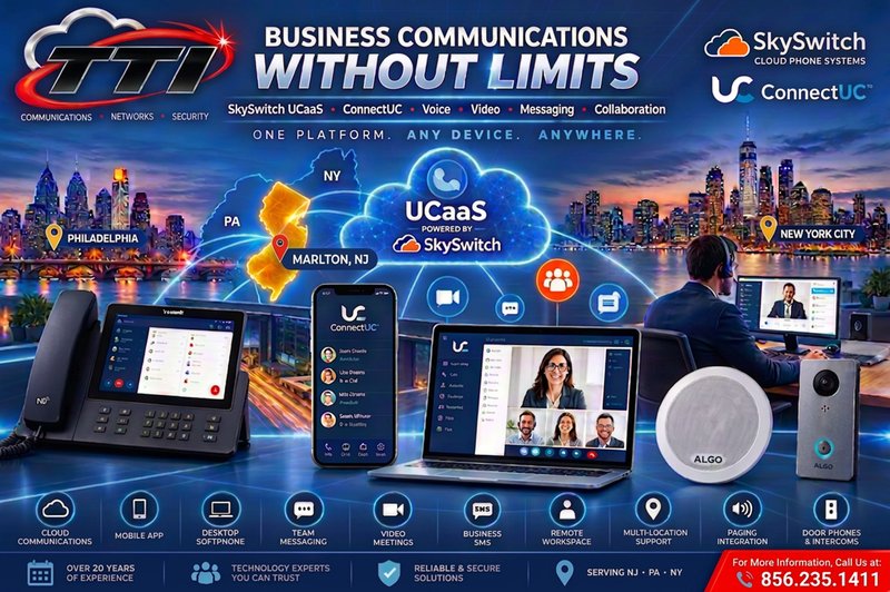 SkySwitch cloud phone system from TTI: ConnectUC mobile and desktop apps, desk phones, paging, and door phones