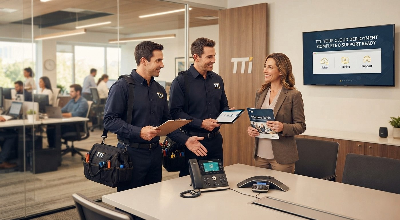 Two TTI technicians reviewing a cloud phone installation with a client in an office