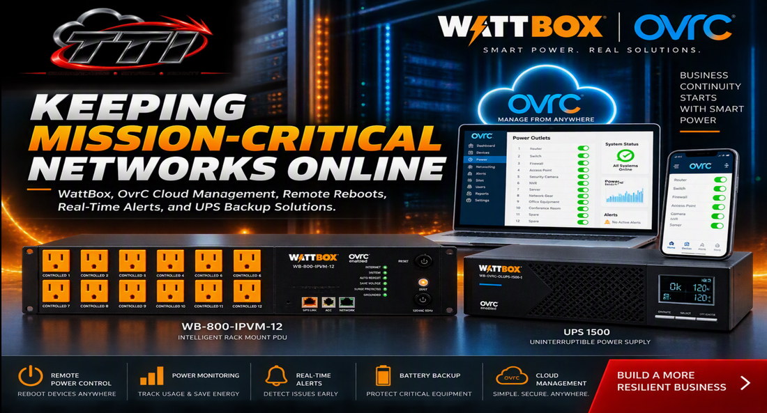 Commercial WattBox smart power conditioning infrastructure featuring OvrC proactive remote rebooting and battery backup workflows.