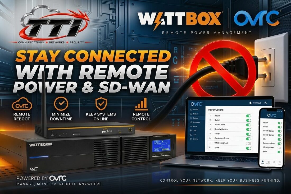 TTI Stay Connected banner with a WattBox UPS, Peplink SD-WAN router, and OvrC app for remote power control and reboot