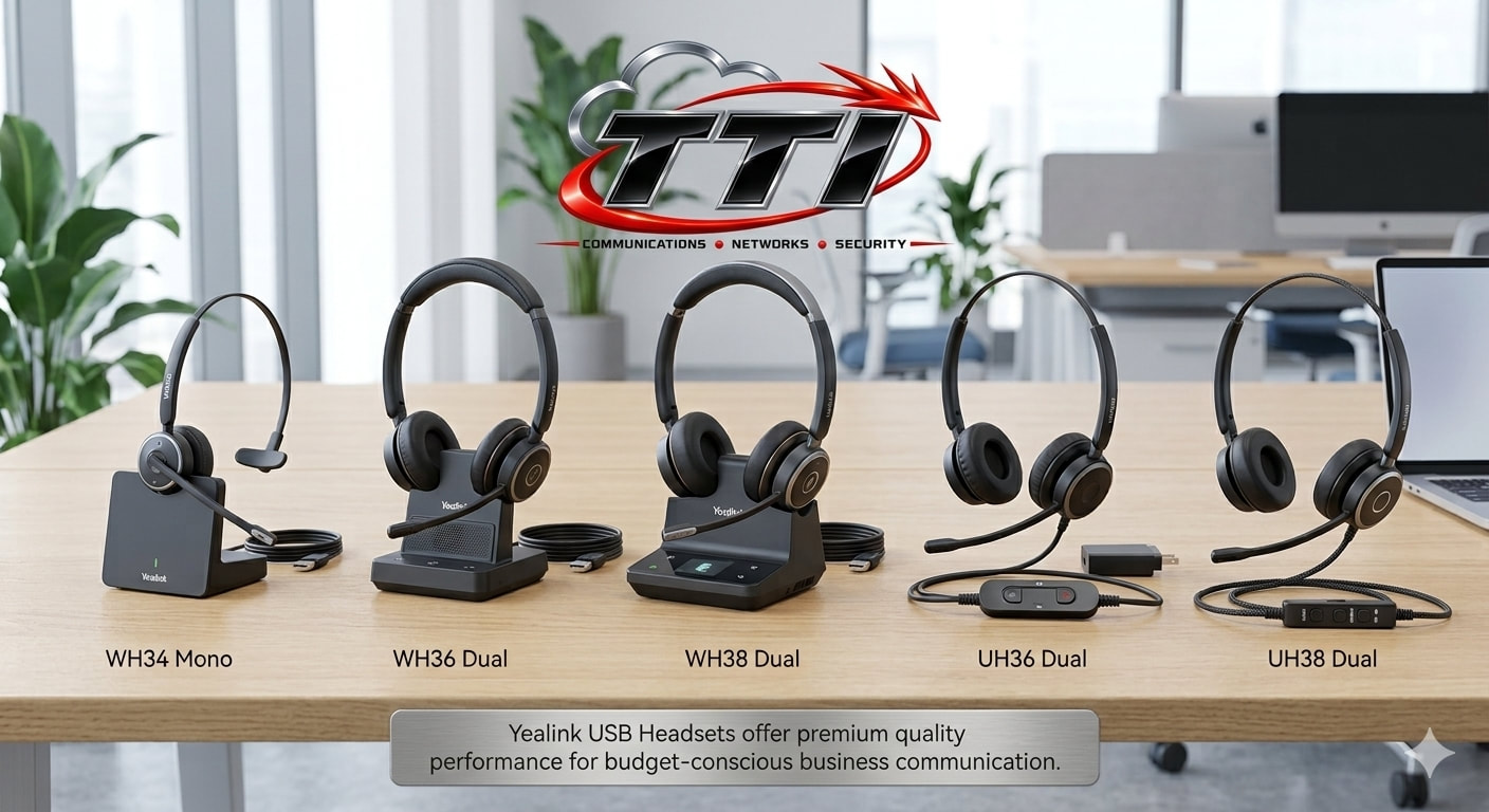 Yealink professional business headset comparison lineup showing UH34, UH36, UH38 wired models next to WH36 and WH38 DECT wireless systems.